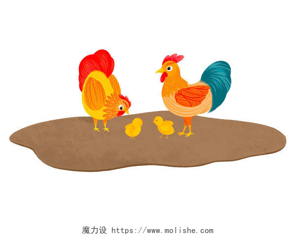 大公鸡小鸡仔土地与动物元素母鸡小鸡啄米小动物PNG素材